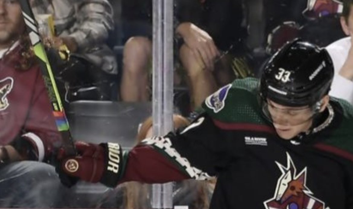 PrideTape's tweet image. Congratulations Travis and the @arizonacoyotes for the home opener win today. And Travis, we’re glad you got your tape. Many appreciate your leadership using Pride Tape in game. #StickUpForPrideTape