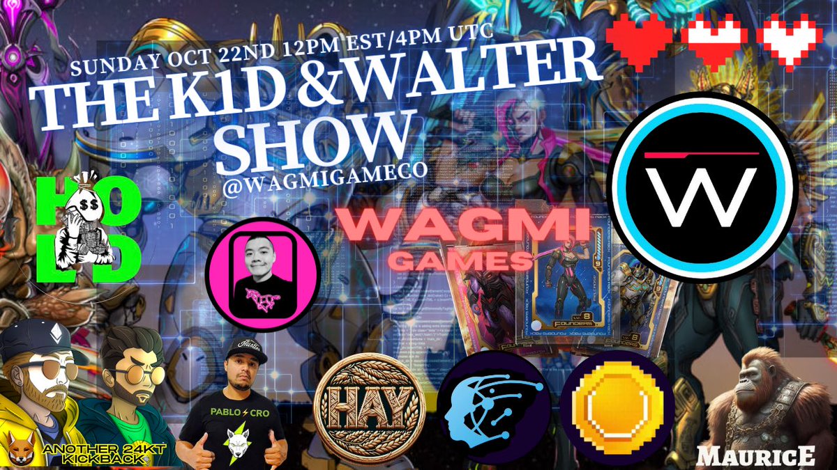 K1d_Crypt0's tweet photo. You guys already know what time it is! @WALTER_DEFI and I have a bangity bang bang banger in the pipeline. Bring your finest meats and cheese
๐๐๐๐๐๐
https://t.co/9WKj8wv7ba
Cohosting this week is
@Pablo_cro
@MauriceOnTheMic
@cali_julz
We may have one special guest as well๐
(12pm-1pm)
We are so freaking excited to have our headliner coming through the show! @WagmiGameCo #WagmiGames will be in the house. This mega #gamefi project has been absolutely crushing it this bear. We are excited to find out more about more about their card game and recent #NFT drop๐
(1pm-1:15pm)
Joining us again is @GoldCoinETH $Gold. Which is the latest installment from the heavy hitting #memecoin @RealShibaDoge. These guys have 4x since being on the show and are showing why you need to pay attention. #GOLD x #SHIBADOGE has been insane so far.
(1:15pm-1:30pm)
After a switch on presale protocol due to limitations of Unicrypt, @PrometheumP $PMPY is once again closing out their 200+ ETH presale. If the #AI driven L2 chain doesnโt get your attention, their AI trading bot will! Come check out the gang๐ฆ
(1:30pm-1:45pm)
After having @HayCoinERC $HAY headline last week, we had to have the community come back through to share their epic story. These guys have almost 30x since last Sunday and have been captivating the space by being a token of historical #DeFi importance. Iโm excited to catch everyone up!
(1:45pm-2:00pm)
I gave a little shoutout to @JChanDollar $JCD token as a high potential coin last week. This coin did over 10 million in volume yesterday. #JCD is the other Genesis tokens of Uniswap. Named after Jacky Chan who developed the UI/UX of Uniswap V1. Both coins were deployed at DevCon4 in Nov 2018.
(2:00pm-2:15pm)
Last but not least is @Everybody_holds $Hold token. These guys first came on the show at around 150-200k MC. They have been absolutely ripping and have 30x since their first appearance. We are glad to have these guys back on a third time to see what they are up to #Hold
(2:15pm-X) Afterparty
๐จ2 minute elevator pitches for projects who make the most noise on our socials๐จ