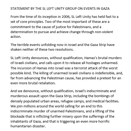SLLeftUnity's tweet image. A statement by the SL Left Unity group on current events in the Gaza Strip, Israel, and the West Bank.