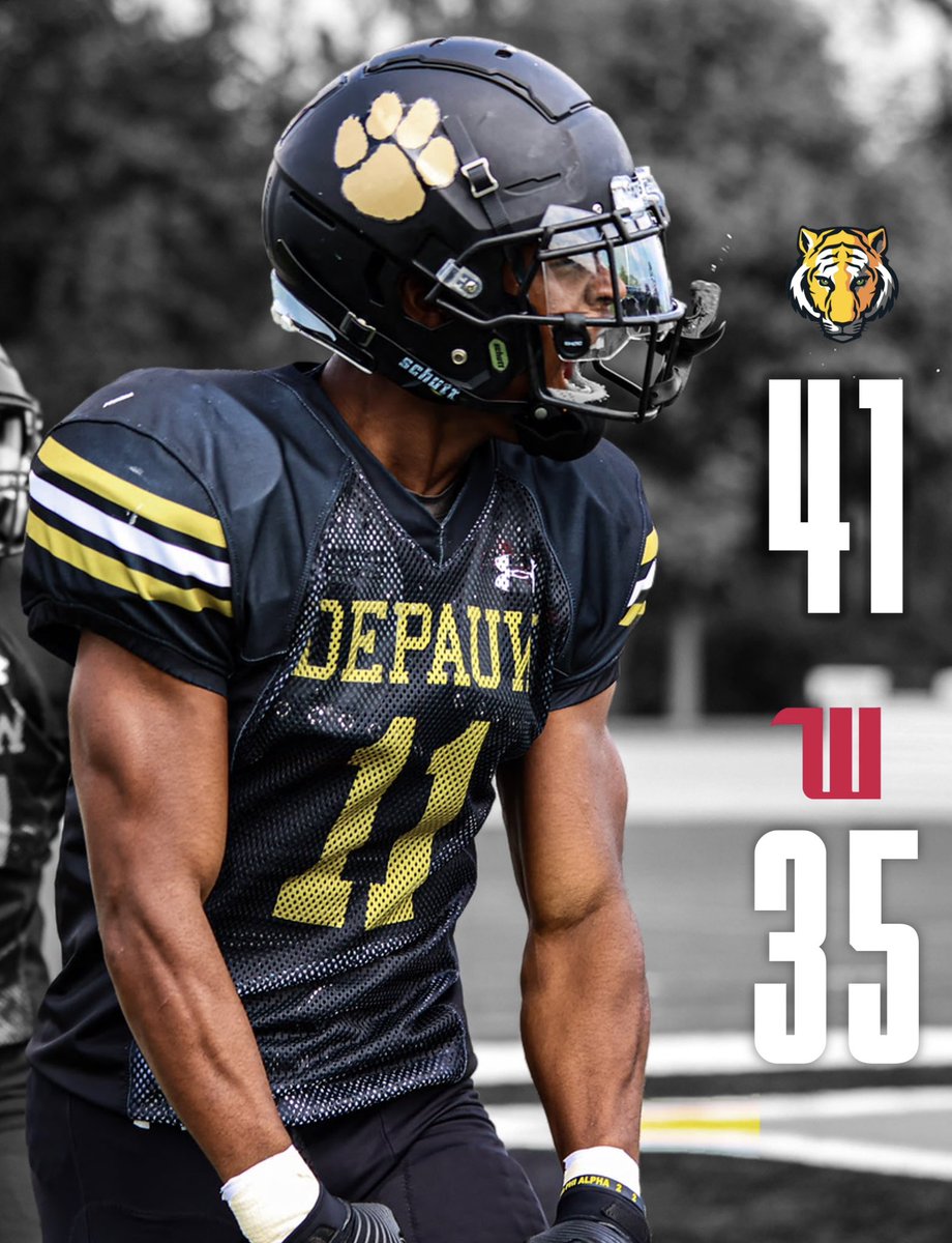 𝗗𝗘𝗣𝗔𝗨𝗪 𝗡𝗘𝗩𝗘𝗥 𝗤𝗨𝗜𝗧𝗦! Tigers win 41-35 in OT to move to 8-0. #TeamDePauw | #BurnTheBoats