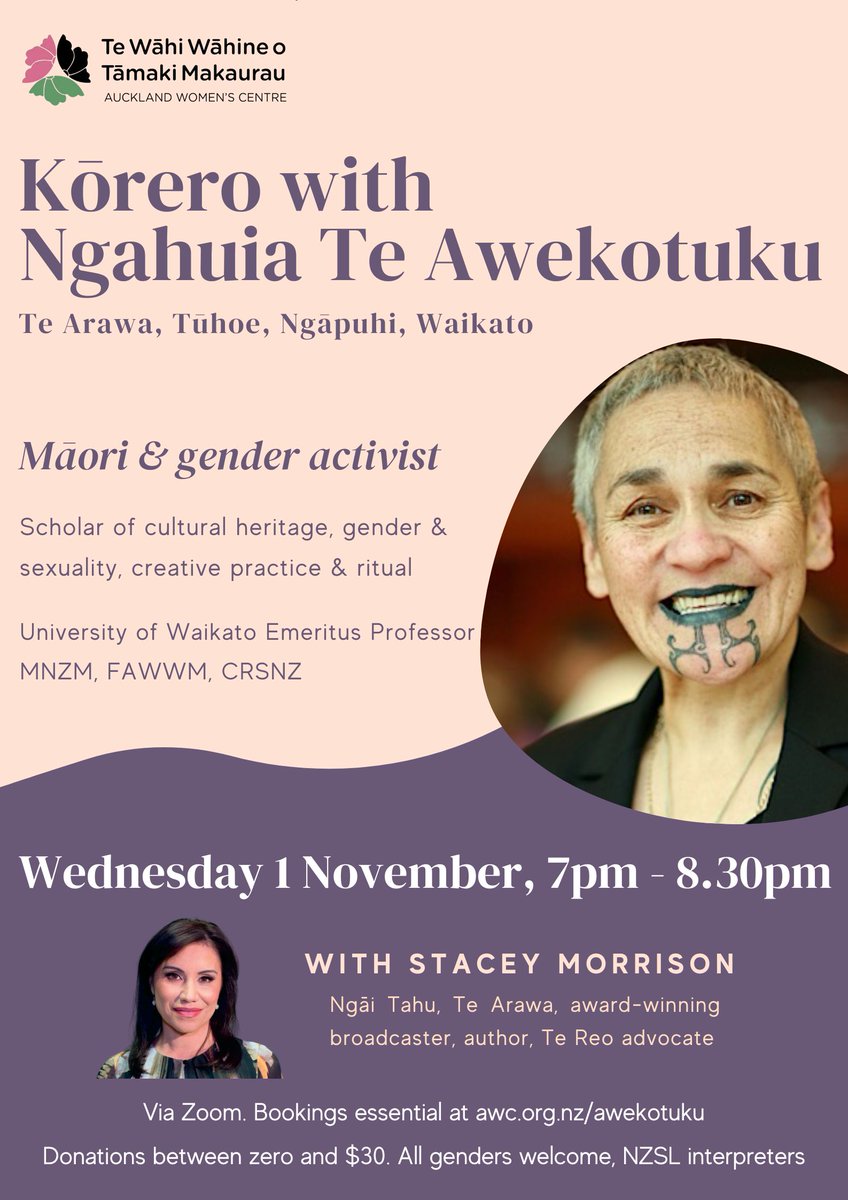Looking for hope in the wake of the election? Join us online to hear Ngahuia Te Awekotuku, a tireless activist for Māori, gender & takatāpui justice.
A lover of beauty & an expert wielder of controlled rage (!), Te Awekotuku is a change-maker worth listening to.
Please retweet.