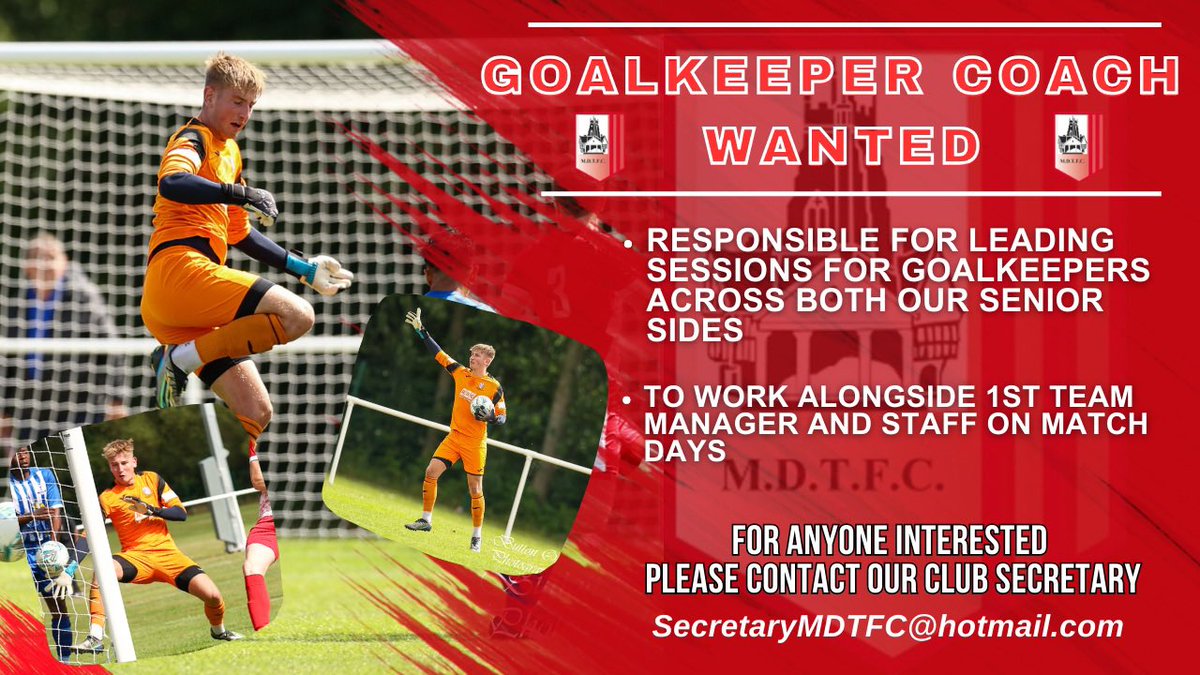 Market Drayton Town FC (@mdtfc) on Twitter photo 🧤Calling All Goalkeeping Enthusiasts! Join Us as a Goalkeeper Coach! 🧤
We’re seeking the final member of our backroom team to work with our goalkeepers and develop their talents.
Let's shape greatness together! DM now! ⚽
Contact our club secretary - secretaryMDTFC@hotmail.com 🧤Calling All Goalkeeping Enthusiasts! Join Us as a Goalkeeper Coach! 🧤
We’re seeking the final member of our backroom team to work with our goalkeepers and develop their talents.
Let's shape greatness together! DM now! ⚽
Contact our club secretary - secretaryMDTFC@hotmail.com