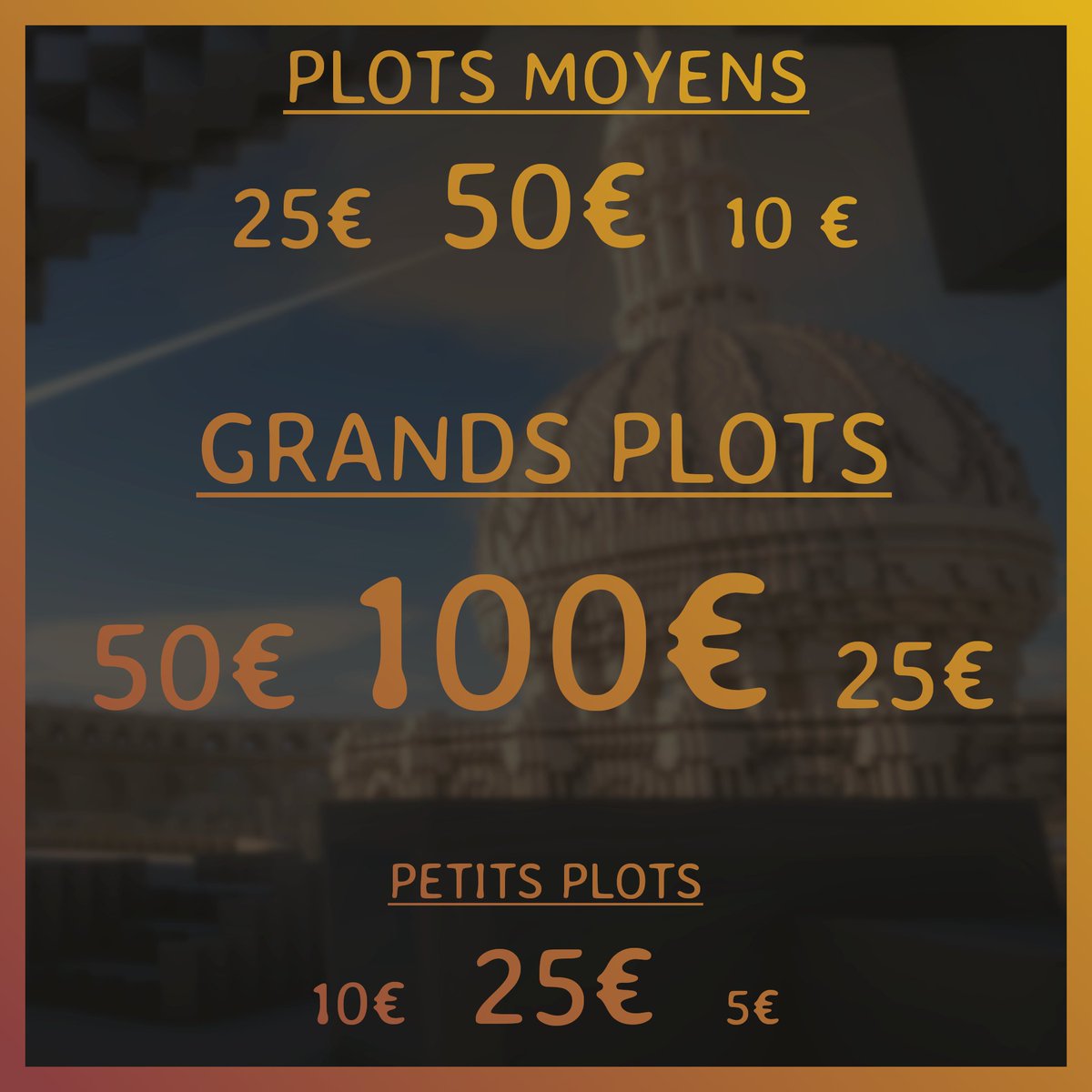 💰 Découvrez enfin les prix du concours ! 

📕 Grands plots : 303 blocs sur 303

📘 Plots moyens : 153 blocs sur 153 

📗 Petits plots : 33 blocs sur 33