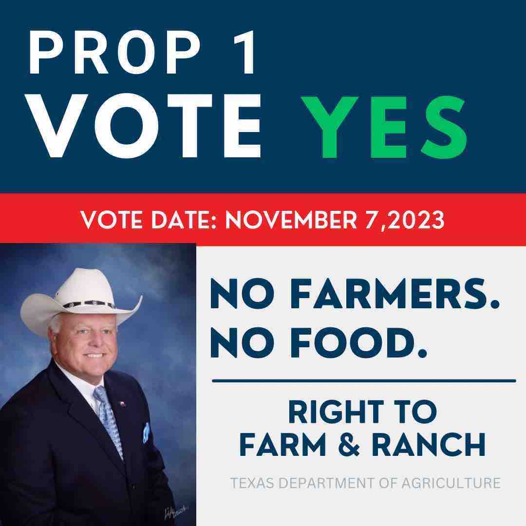 Texas Agriculture Commissioner Sid Miller supports the right to farm and ranch in Texas. 

Vote YES to proposition 1 on the November 7th General Election ballot. Early voting is from October 23rd-November 3rd #TexasAgricultureMatters