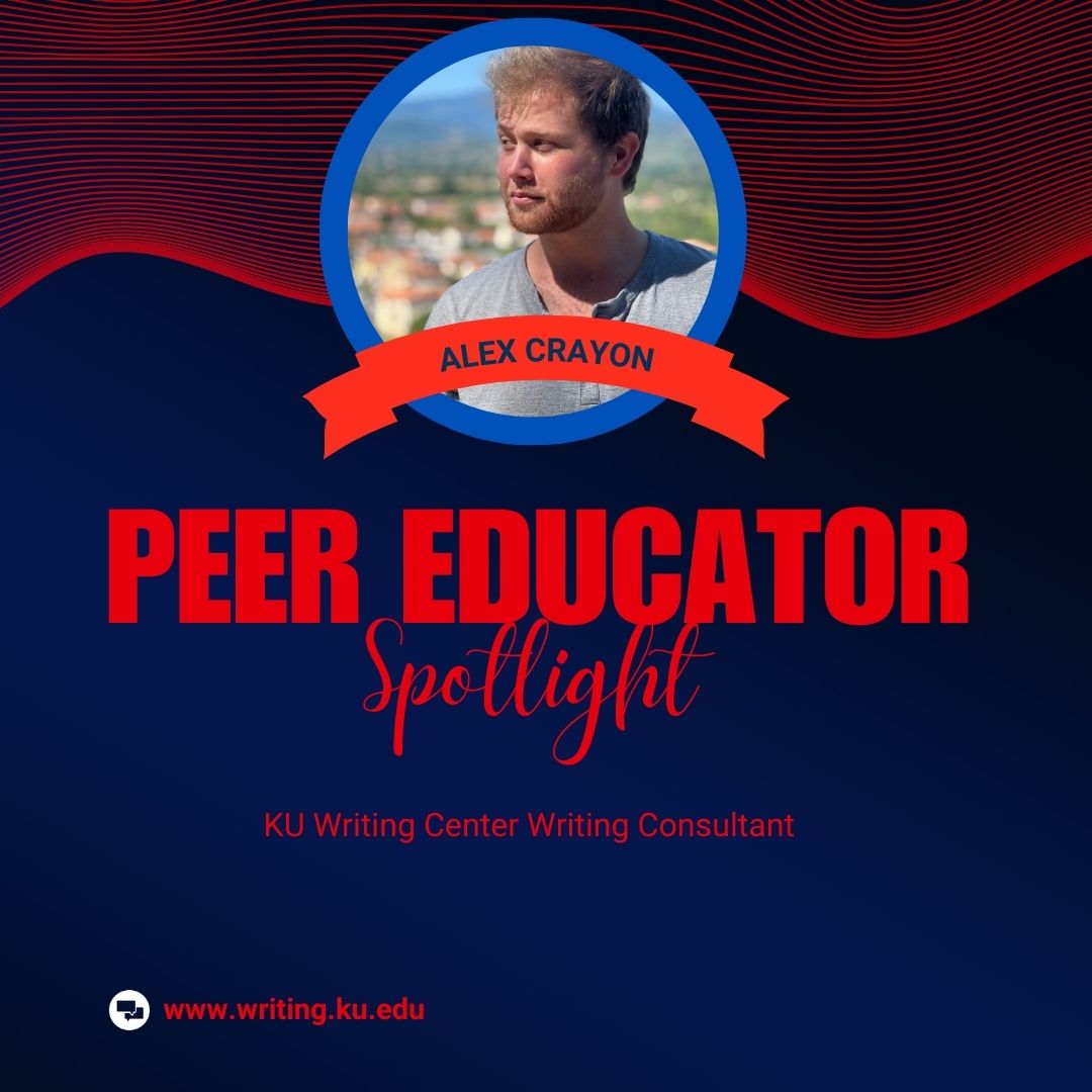 KU_UASC's tweet photo. Our first bi-weekly peer educator Spotlight goes to Alex Crayon! Alex is a second-year PhD student studying creative writing. Alex has been a writing consultant for two years now, and the most significant study tip he has learned is: "Make a plan and take a deep breath." https://t.co/ozha99TRsh