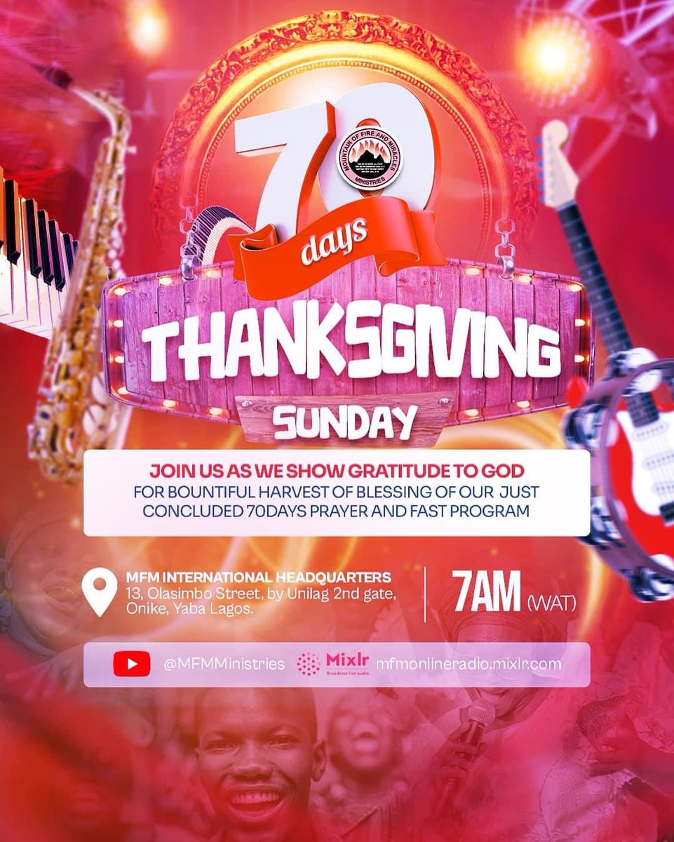 REAL_DKOLUKOYA's tweet photo. One thing God cannot do is praise Himself. That is not His job description, but man's. It is to this cause that we will be raising altars of thanksgiving and praise this coming Sunday for the electric things He has done and will do through the just concluded 70 Days Prayer and Fasting Programme.

You don't want to miss this! October 22, 2023, is the date. Mark your calendar for a date with Jesus!

#MFM70DaysThanksgivingService
@MFMWorldwide