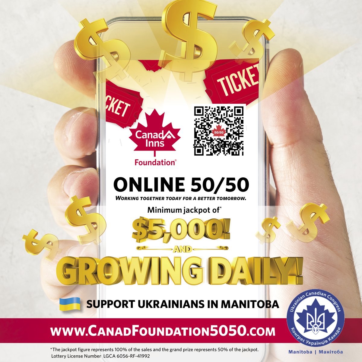 Get your 50/50 tickets NOW!    All proceeds go to UCC-Manitoba to assist Ukrainians arriving in Manitoba.   Support Humanitarian aid and Enter for Your Chance to Win! 💲💲💲  Scan the QR code or visit CanadFoundation5050.com to purchase your tickets now.
