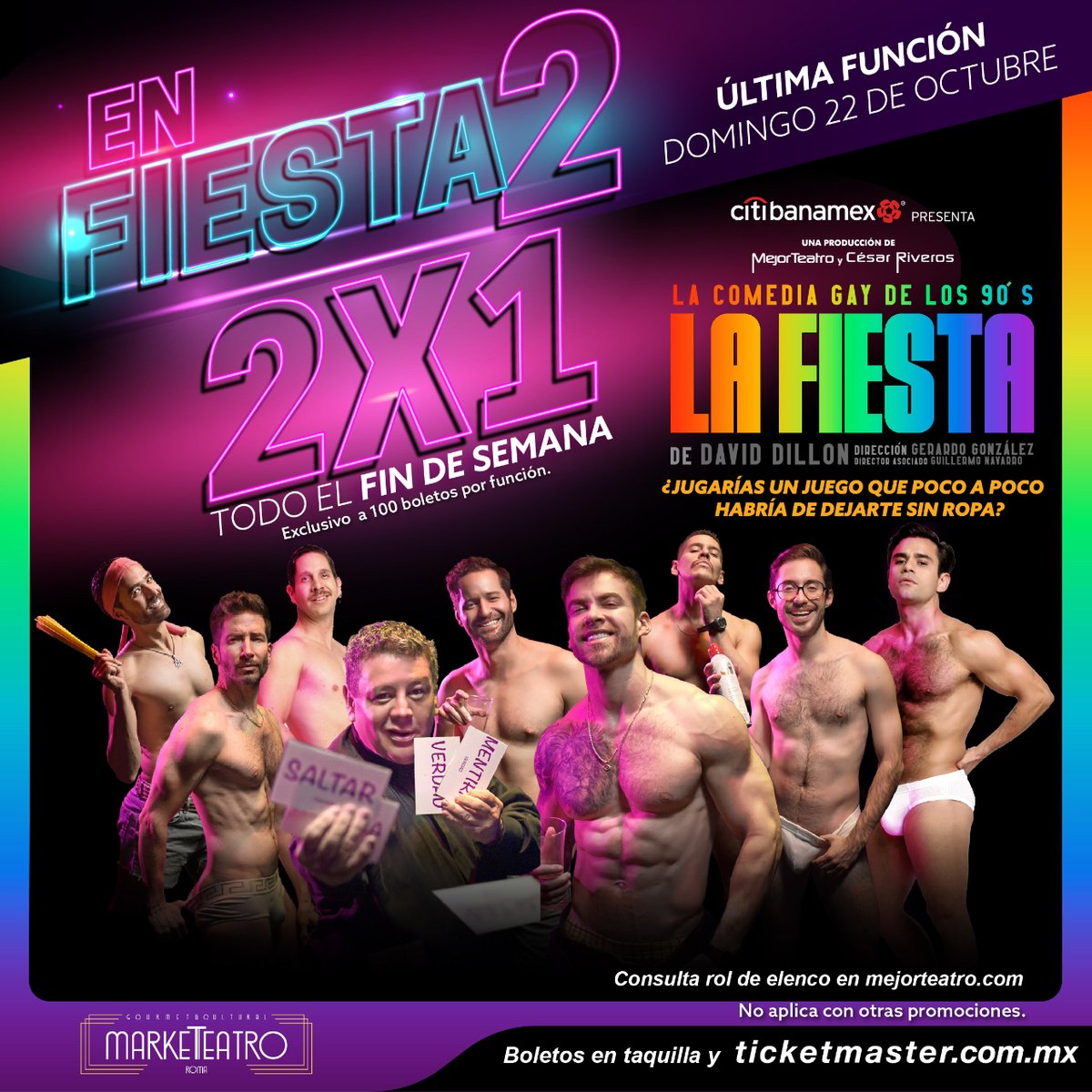 ¡Nos vamos y tiramos la casa por la ventana por eso traemos para ti esta increíble promoción para que disfrutes x2 de #LaFiesta, la comedia gay de los 90!

🧡 #𝗘𝗻𝗙𝗶𝗲𝘀𝘁𝗮𝗗𝗼𝘀
💛 Todo el fin de semana
💚 Boletos al 2x1
💙 bit.ly/LFNFiesta2
