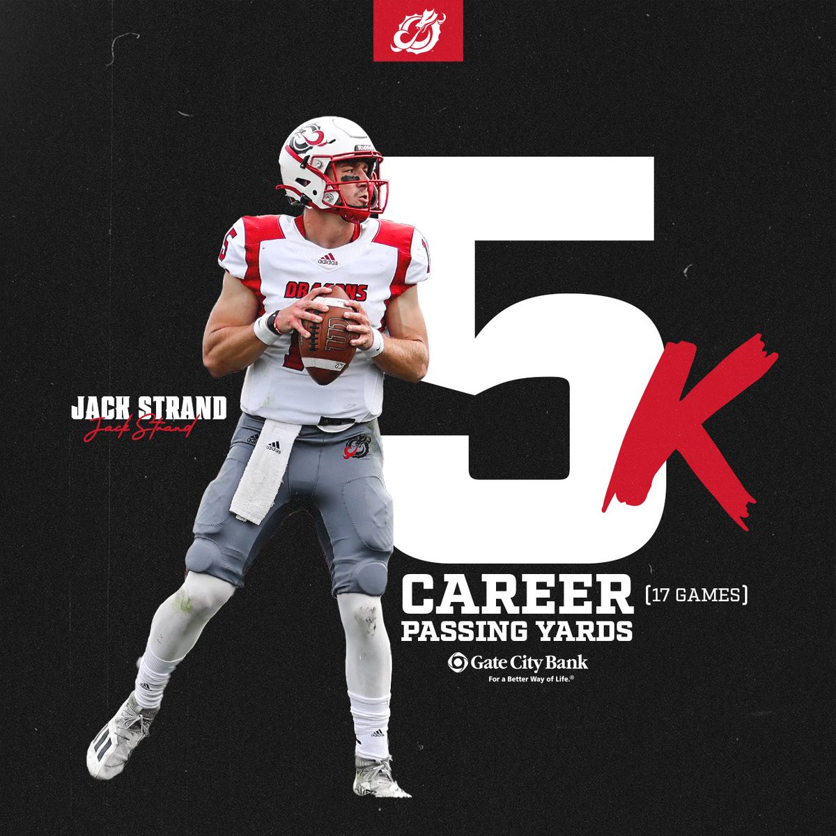 msum_football's tweet photo. Congratulations to Jack Strand @JackStrand5   as he has eclipsed the 5,000 passing yards mark!

#TheDragonWay #RollDrags https://t.co/4vGeF09ulN