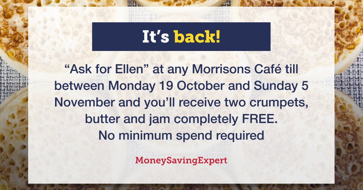 It's back! Warburtons and Morrisons have teamed up again to help families out over October half-term. 🍽️

Simply visit any Morrisons Café and "ask for Ellen".

Here's where to find your nearest: moneysavingexpert.com/deals/morrison…