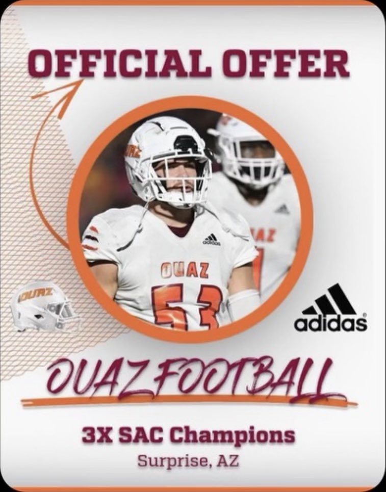 !!!🚨🚨!!!Excited to say that after a great conversation with coach @benhanks2 I have received an offer from <a href="/OUAZFootball/">OUAZ Football</a>!!!🚨🚨!!!
<a href="/LBackerCoach/">Joe Scott</a> <a href="/coachsekoch/">@CoachSekoch</a> <a href="/CoachBrannoch/">Warren Brannoch</a> <a href="/Coach_CWright/">Chris Wright M.Ed</a>