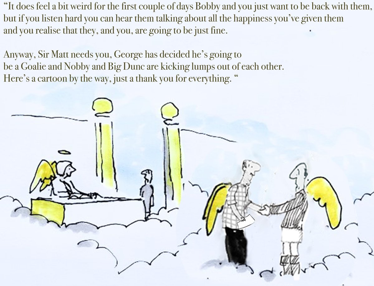 PaulHusband_'s tweet photo. My dad would do a loverly cartoon tribute when someone he appreciated passed on. 
I took the liberty of using my dads older work to show him greeting his boyhood hero Bobby Charlton on his arrival at the next place. 
Apologies for the shoddy photoshop. 
Love you @tonyhusband1 https://t.co/AYBv0HB9Or