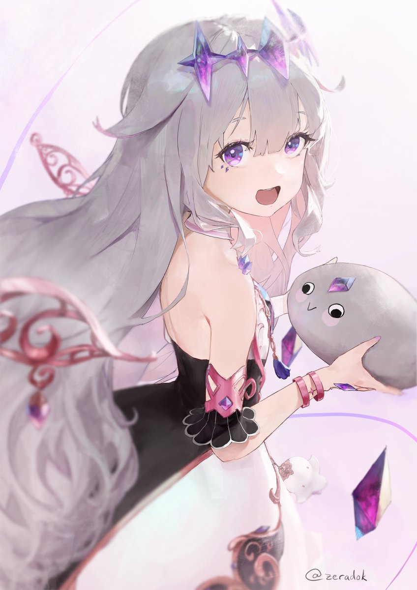 1girl purple eyes dress long hair grey hair smile holding  illustration images