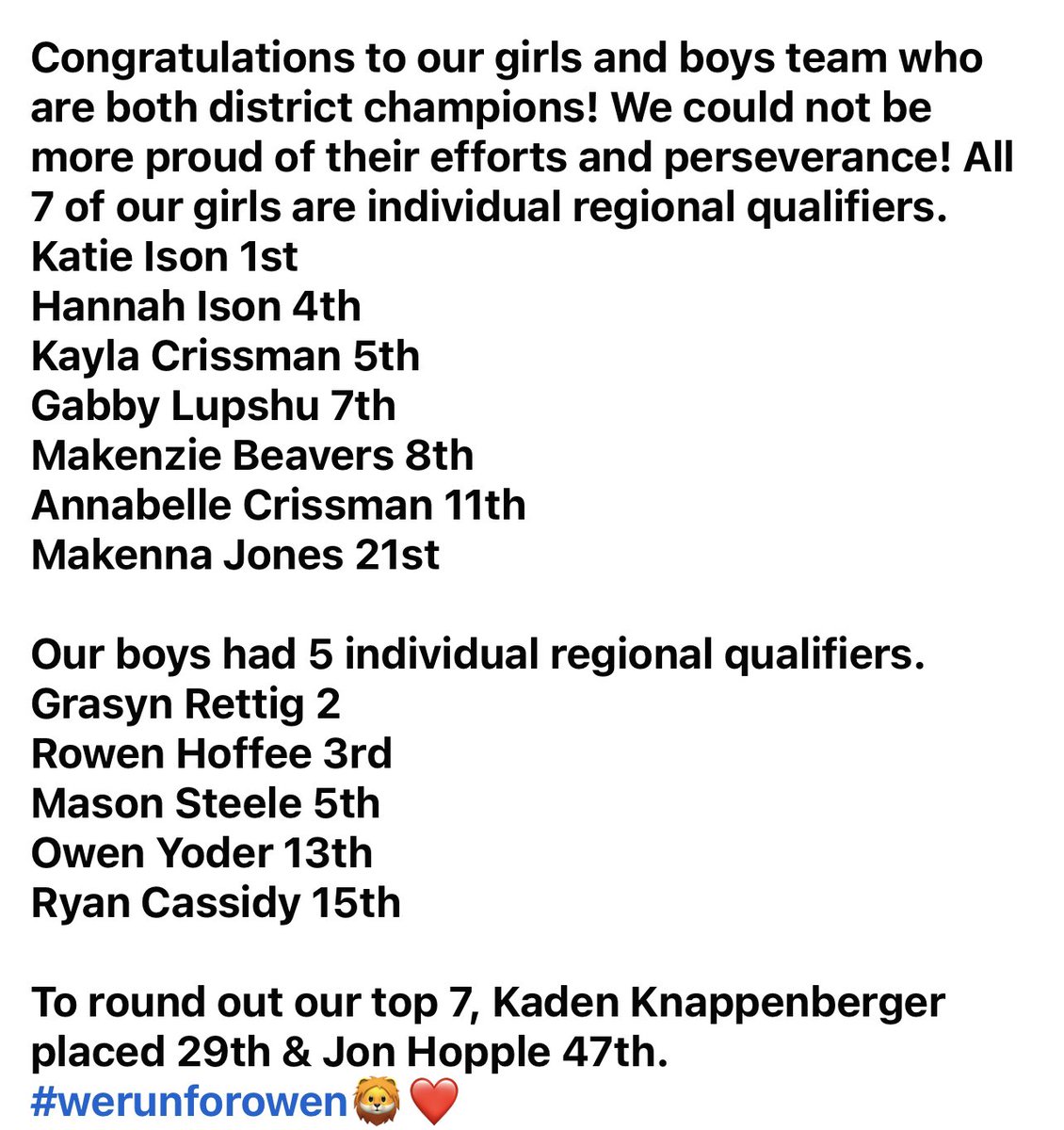 District champions! 🦁❤️ #werunforowen