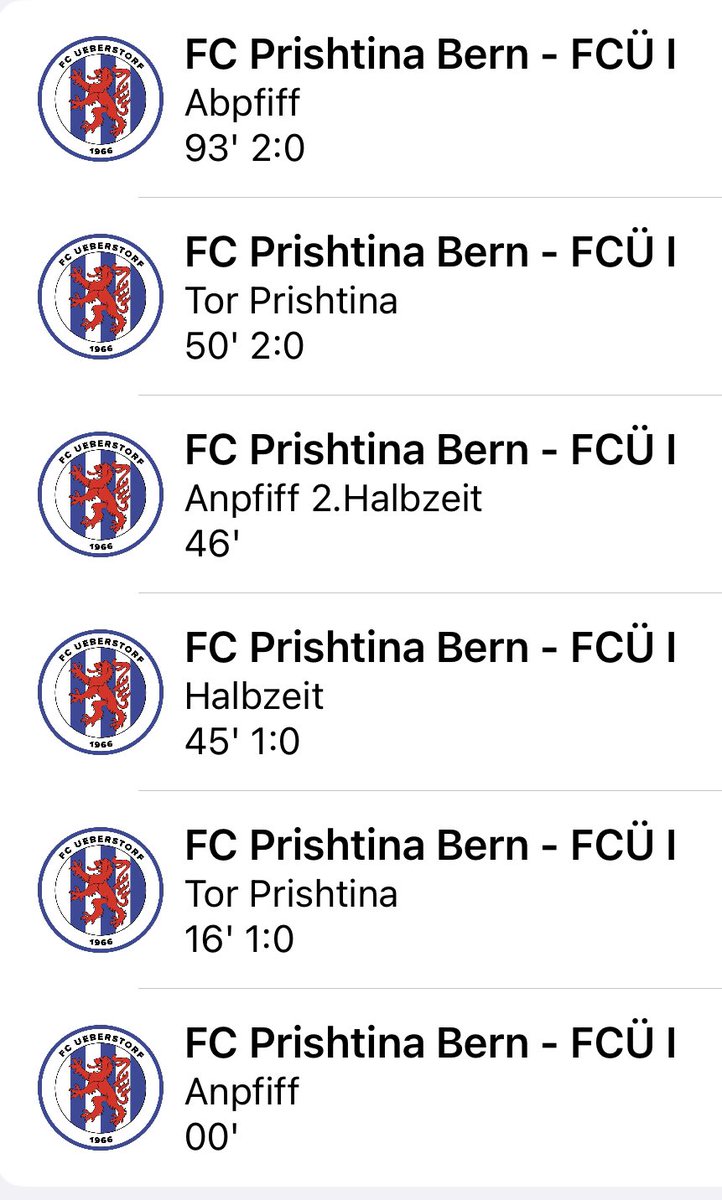 Endstand: Unser 1 verliert mit 2:0 gegen den  <a href="/FCPrishtinaBern/">FC Prishtina Bern</a> .   
Kopf hoch Jungs, weiter geht’s!
Screenshot vom Liveticker in FCÜ App. #hoppundhüfcü #fcüapp
