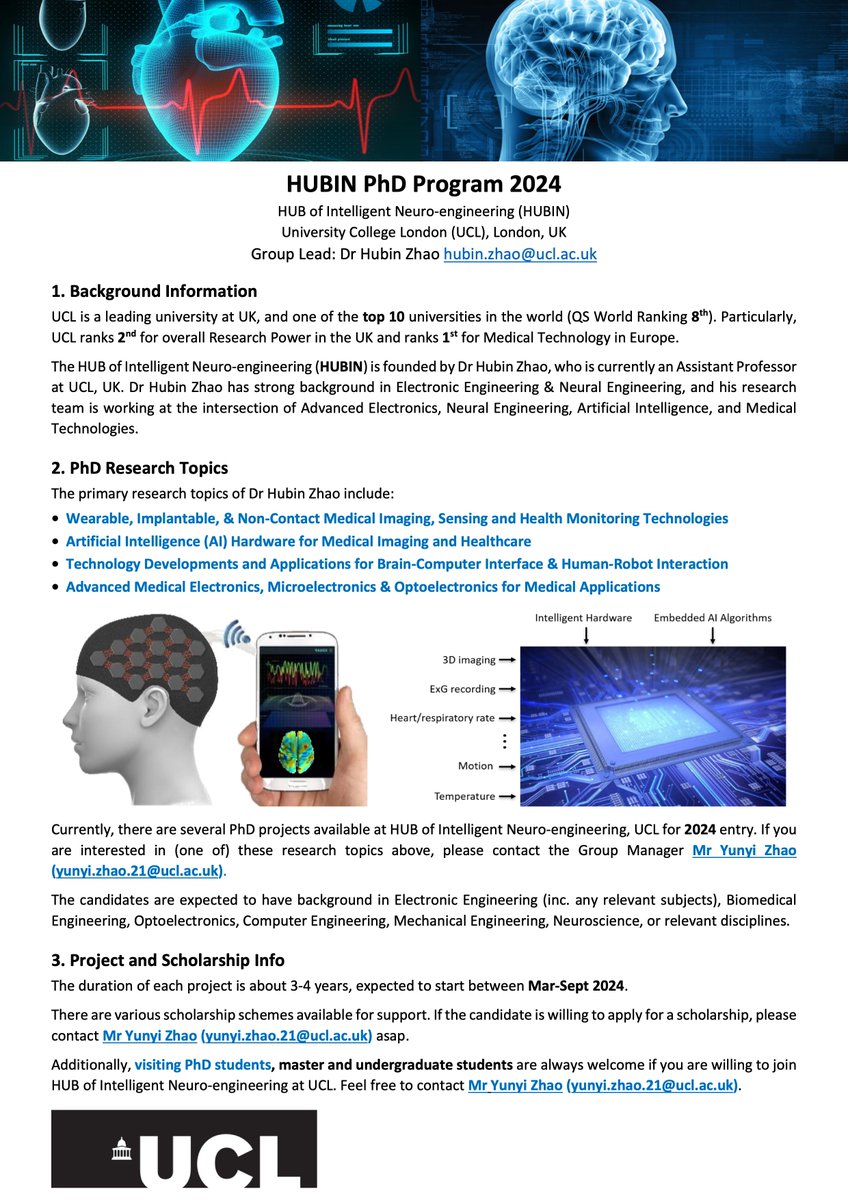 Hubin Zhao (@hubinzhao) on Twitter photo PhDs available in my group at UCL for 2024. Looking for motivated candidates. Pls get in touch with yunyi.zhao.21@ucl.ac.uk if interested. Pls RT! Much appreciated!
#Imaging #Sensing #HealthMonitoring #Electronics #Wearable #AI #BCI #HRI #neurotechnology #medicaltech #neurotech PhDs available in my group at UCL for 2024. Looking for motivated candidates. Pls get in touch with yunyi.zhao.21@ucl.ac.uk if interested. Pls RT! Much appreciated!
#Imaging #Sensing #HealthMonitoring #Electronics #Wearable #AI #BCI #HRI #neurotechnology #medicaltech #neurotech