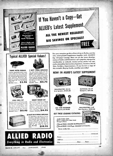 19WAC3067's tweet photo. #hamradio #amateurradio #amateurfunk #hamr #cbradio #27mc #SWL #DX #SDR #HFbands
A vintage advertisement from Allied Radio (January 1948). https://t.co/sBAlgjlvoD