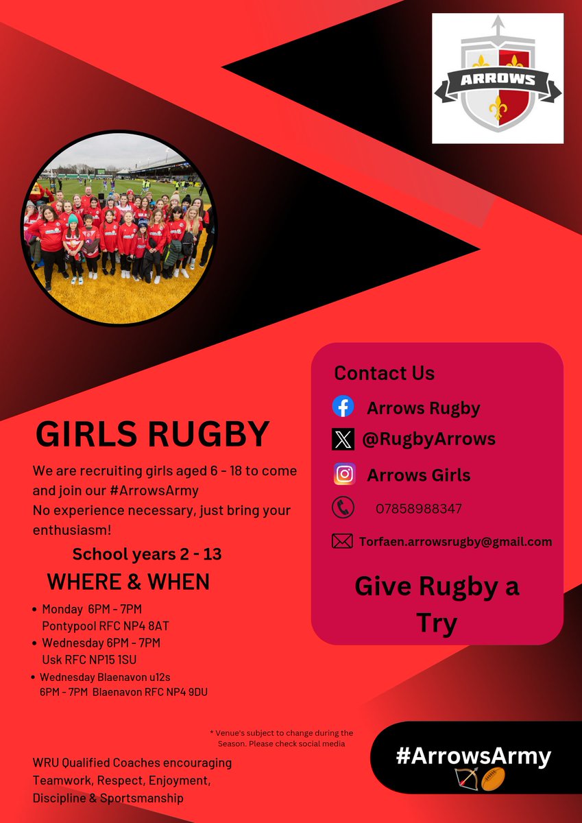 RugbyArrows's tweet photo. We are recruiting players for all age groups. Come along, bring your friends. Fun, friends &amp; fitness. #WRUHub @DragonsHUBs @Dan_knight11 @CRedmanRugbyHub @torfaensport @WestMonPE @Croesype @CwmbranHigh_PE @WRU_Community @AbersychanSport @Usk_Arrows @CwmbranLife #ArrowsArmy https://t.co/aB3ei3mbyV