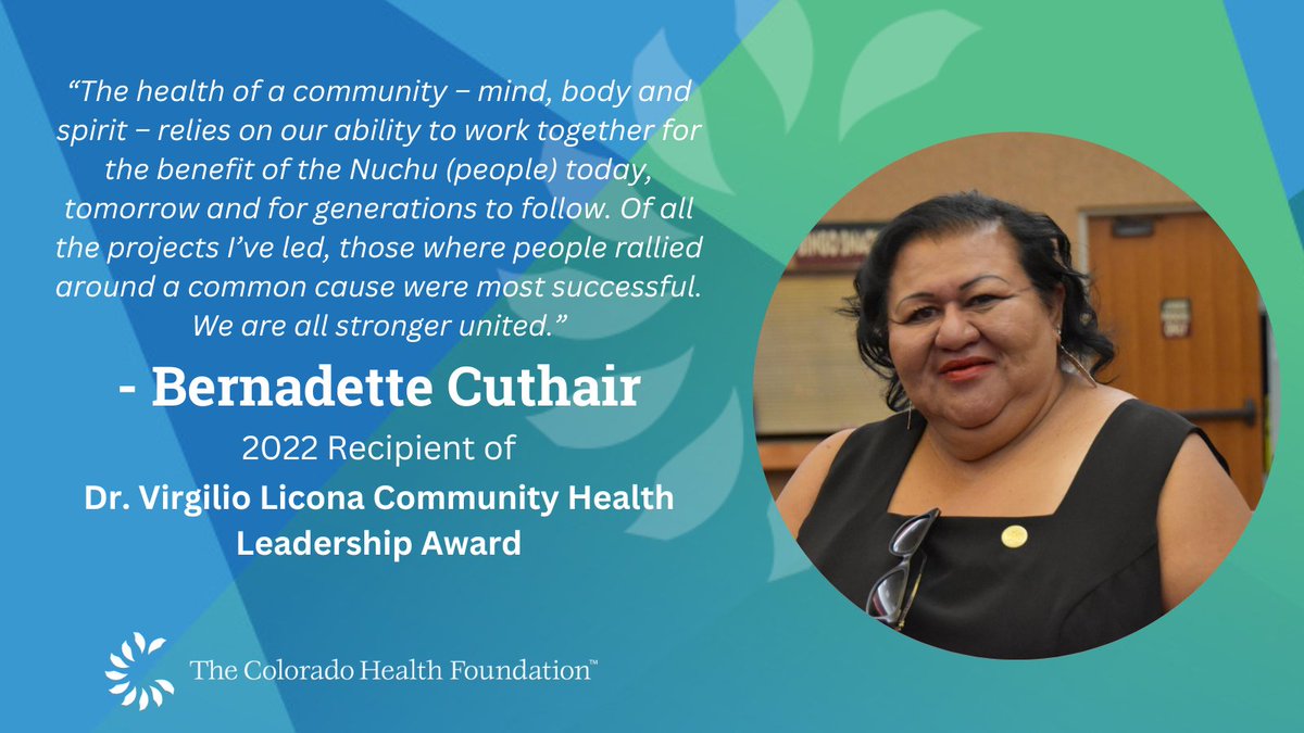 COHealthFDN's tweet photo. Bernadette Cuthair was the 2022 recipient of the Licona Community Health Leadership Award for her steadfast work to bring equity and health access to her community — the Ute Mountain Ute Tribe. https://t.co/myVb7Fj0NY