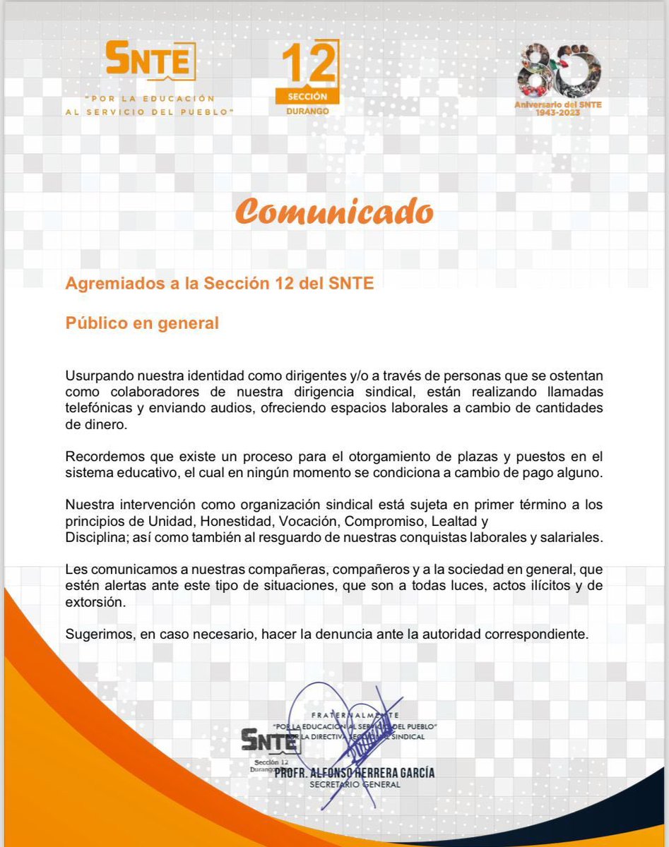 Snte12Durango's tweet photo. #HonestidadSección12
#Compromiso 

🚨COMUNICADO 🚨

Agremiados a la Sección 12 del SNTE… Público en general…

#SNTEunoAuno
#Sección12 https://t.co/J1Wb5HZ8lh