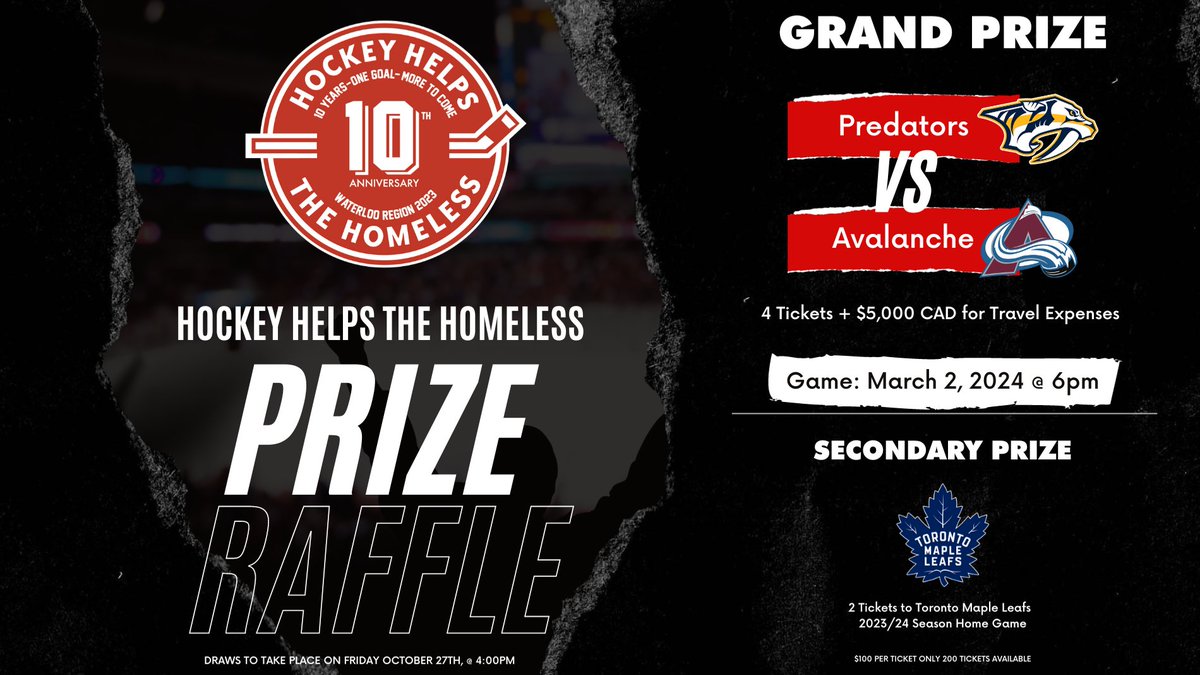 WIN a trip to NASHVILLE! Only 200 tickets to be sold in our MEGA RAFFLE DRAW.

Grand Prize is a trip to Nashville to see the Predators take on the Avalanche on March 2nd, 2024 - 4 tickets and $5000 travel money.

Click here --> rafflebox.ca/raffle/hhth