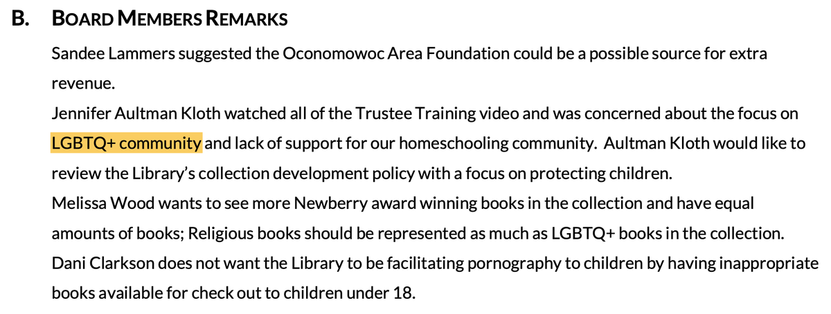 jnorcr's tweet image. Reference: Minutes from the September 2023 meeting of the #Oconomowoc Public Library Board of Trustees. 
The far right rhetoric from these &quot;trustees&quot; is hardly subtle.