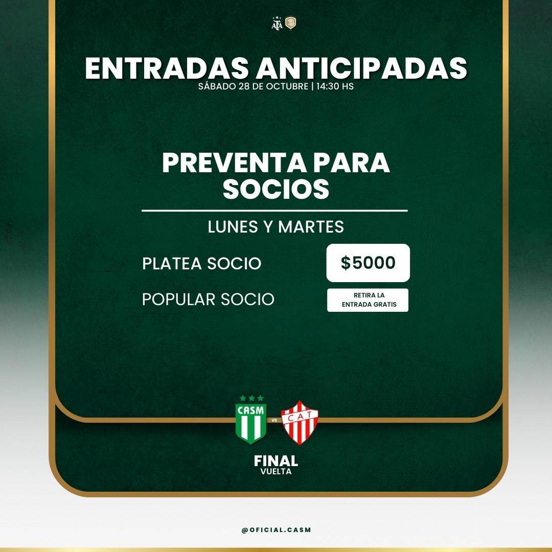 Club Atlético San Miguel on X: ¡La final en casa! Ampliamos los horarios  de venta de entradas Socios: Martes de 9 a 21 hs Platea:$5000 Popular: Se  retira la entrada con el