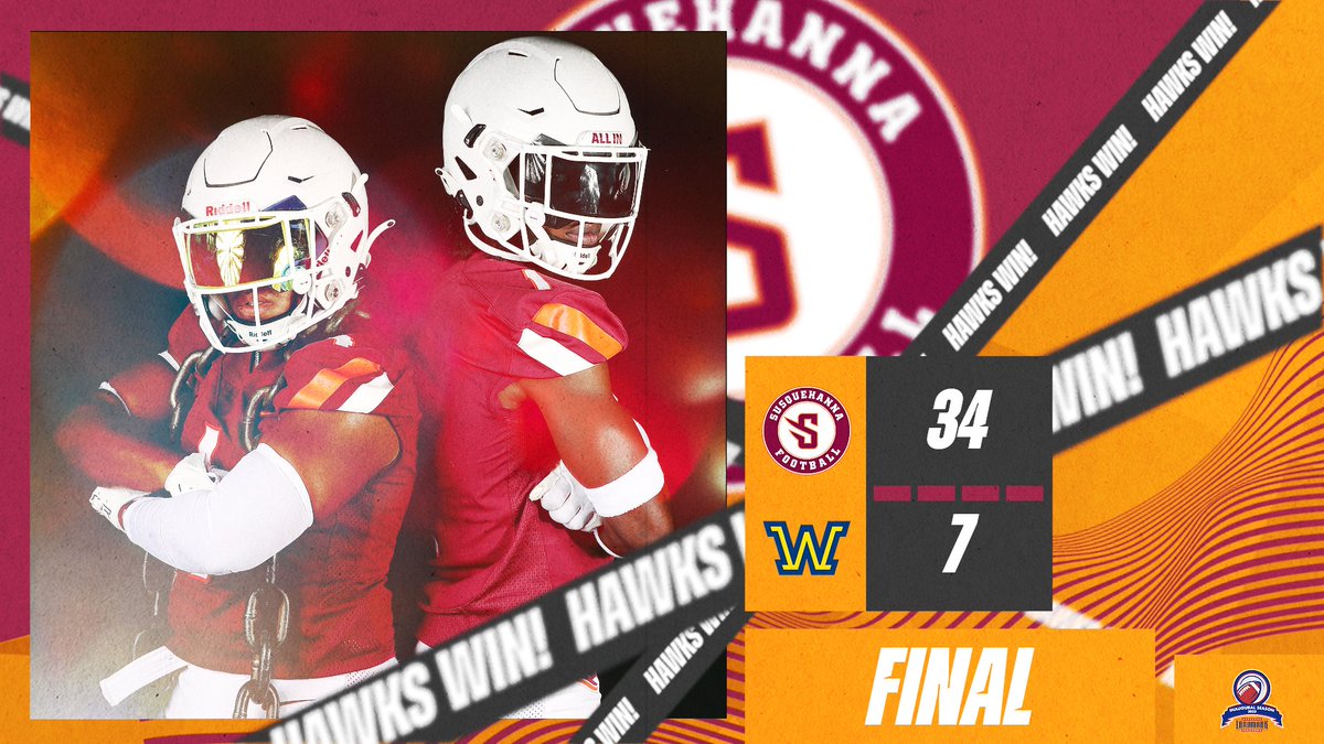 GOSusqU's tweet photo. FB | HAWKS WIN!

Your River Hawks jump on 27 unanswered to outpace Wilkes, with the Wild Dogs defense combining for five sacks and forcing three fumbles! Susquehanna is now the last remaining unbeaten team in @LandmarkConf play at 4-0!

#AllIn // #GoSU // #RiverHawkPride // #d3fb https://t.co/Kzktl165wd