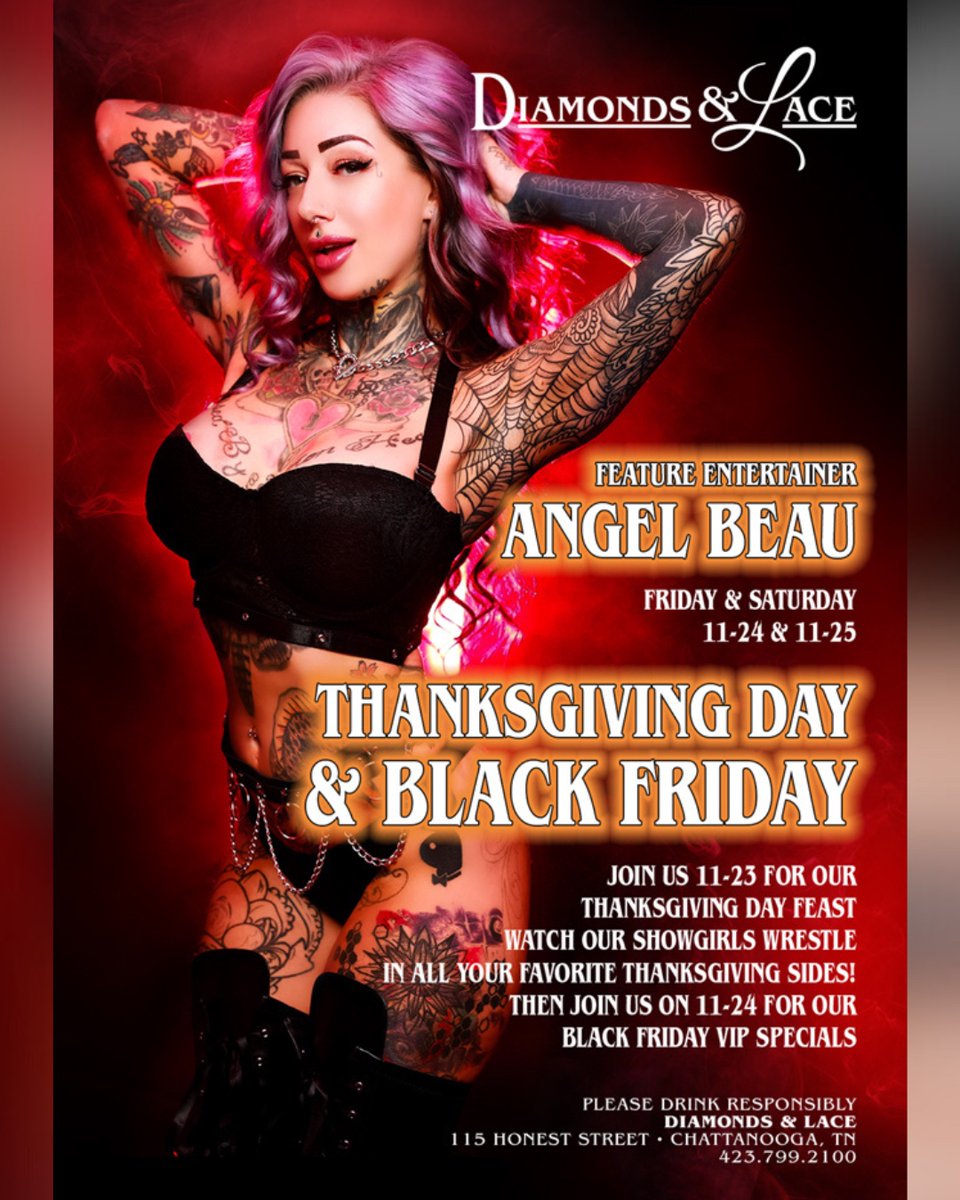 We’re 🤩excited 🤩to celebrate #Thanksgiving Weekend at @DiamondsLaceTN! Join us for our delicious Thanksgiving Feast, some 🤼‍♀️Messy Wrestling, #BlackFriday VIP specials & performances by @iheartangelbeau on Friday & Saturday Night! #DiamondsAndLace #Chattanooga🎉