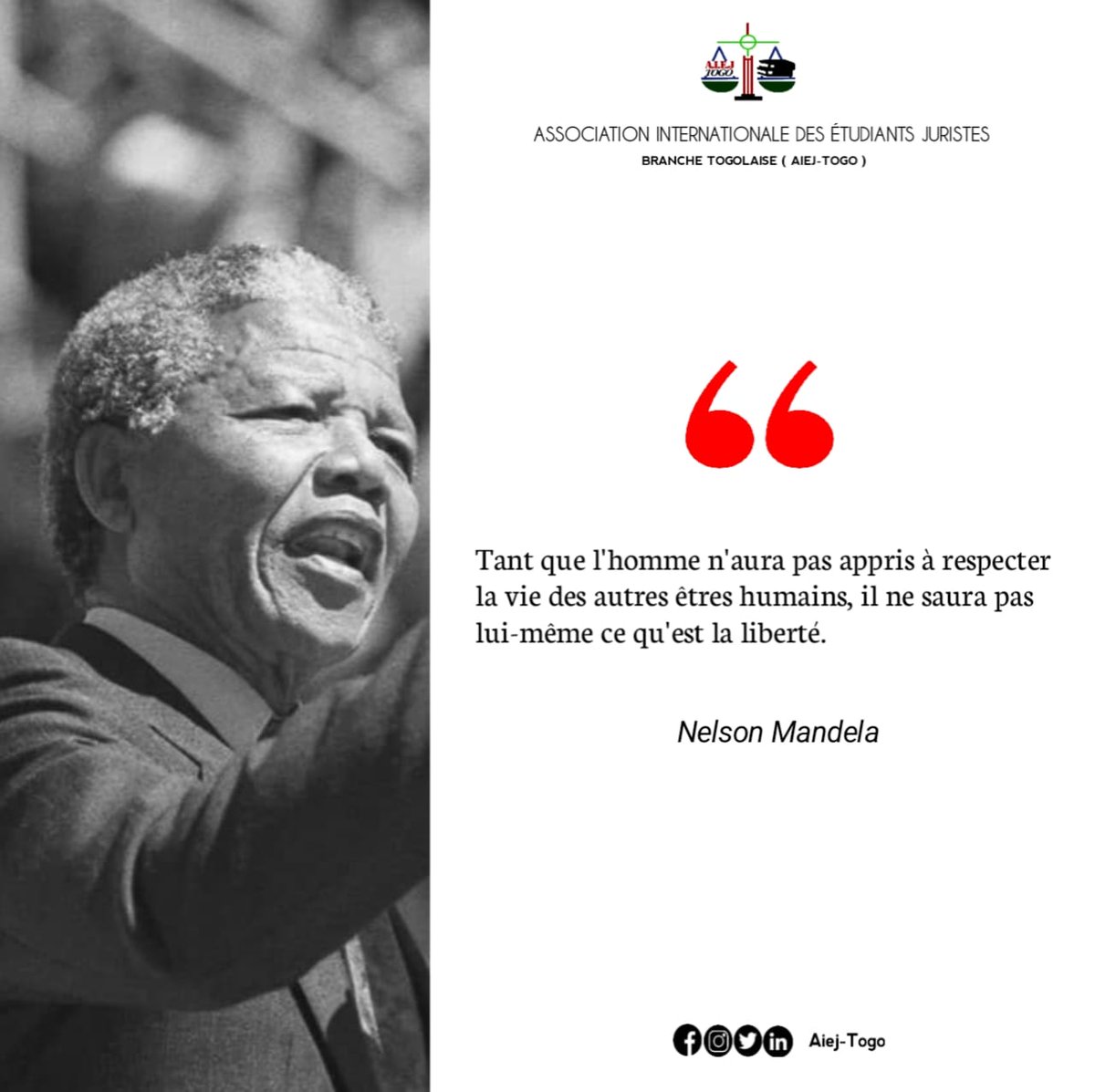 aiej_togo's tweet photo. Chaque être humain détient le pouvoir de changer le monde, non seulement par ses actions, mais par le respect qu'il accorde à la vie des autres.
"Plumes humanistes", cette semaine vous propose cette pensée de Nelson Mandela à travers laquelle,... https://t.co/4wUsuJvdIh