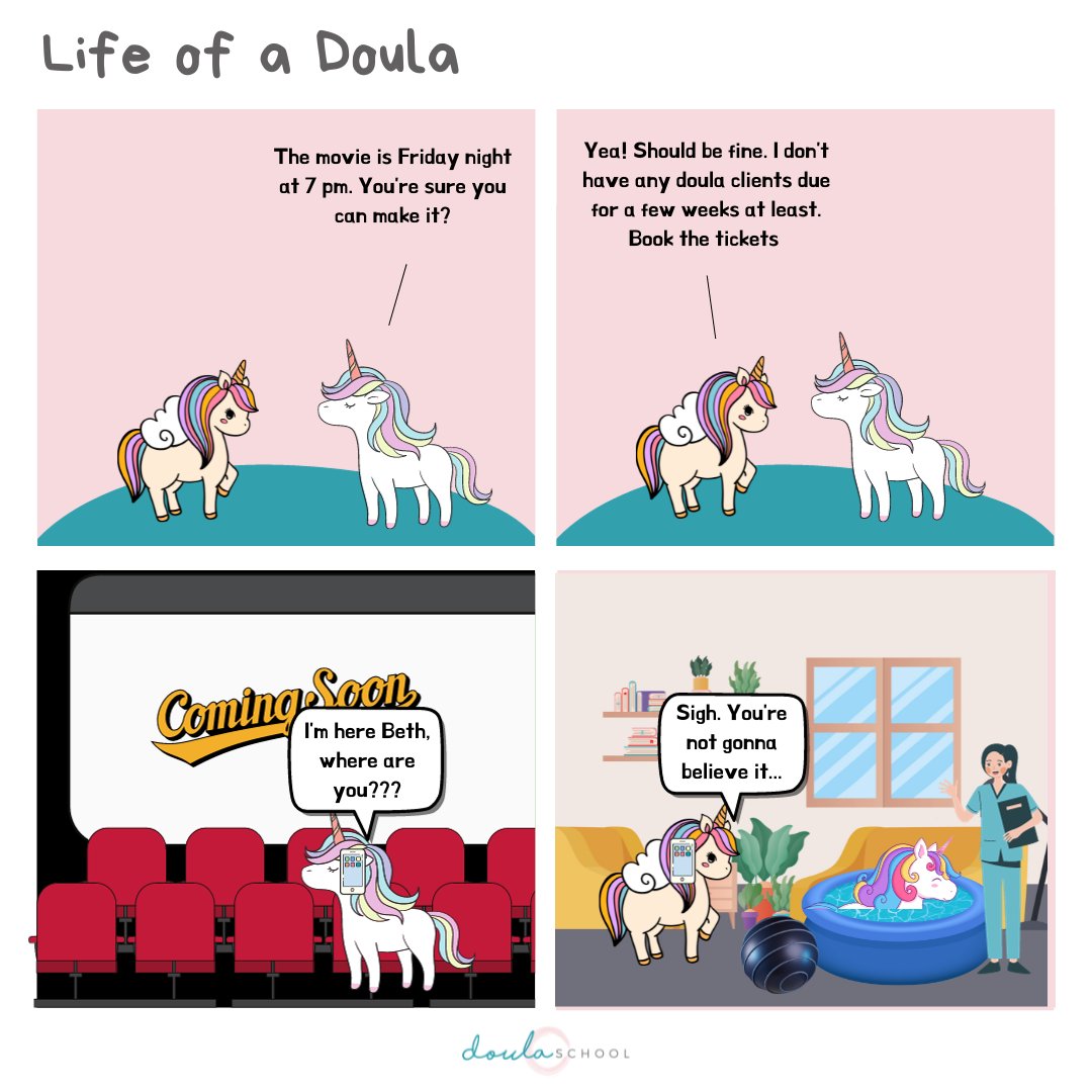 DoulaSchool's tweet image. It's never very easy to make plans as a doula!

#Comic #Birth #Birthdoula #Birthwork #Cartoon #Unicorn #Doula #Comicstrip #Pregnancy #Childbirth