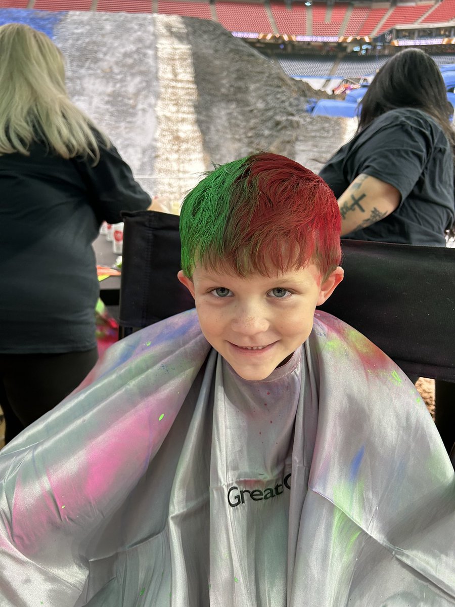 AshleySoose's tweet image. Celebrating his 7th birthday @monsterjam with colored hair from @GreatClips.  Just missing his favorite @BryceKenny &amp;amp; #MohawkWarrior #MonsterJam