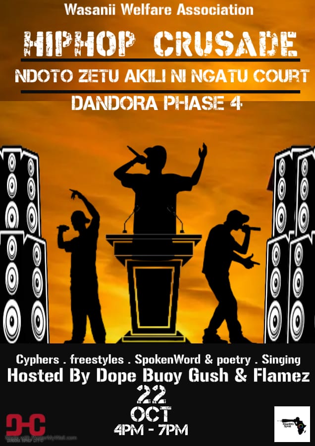 A month now since we kick-started the hip-hop crusade, we are on the 4th edition tomorrow happening at Dandora ngatu court hosted by Dbuoy gush na Flamez

Come join us,
more performances, cyphers and rap battles it's also a kids edition joined by @NdotoZetuKenya

#DhcDoing