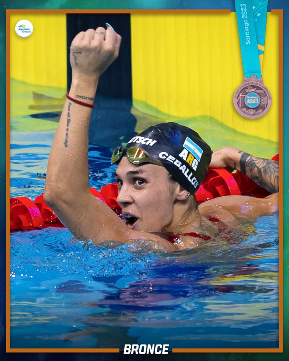 #Natacion #Santiago2023 ¡MEDALLA DE BRONCE PARA MACARENA CEBALLOS! 

La cordobesa terminó tercera en los 100 metros pecho con un tiempo de 1m07s68. 

Martina Barbeito fue octava con 1m10.91 en la final A y Julia Sebastián fue cuarta con un registro de 1m10s69 en la final B.
