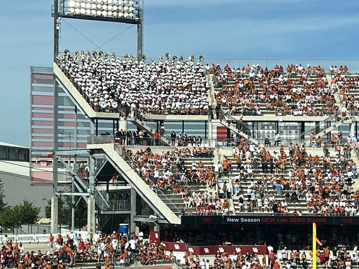 Hours ahead of today’s Texas-Houston game, the UT band was told they received about a hundred fewer seats than expected. 

Band members are sharing seats to make it work, and about half of the drum line had to leave instruments (being watched by security) outside the stadium.