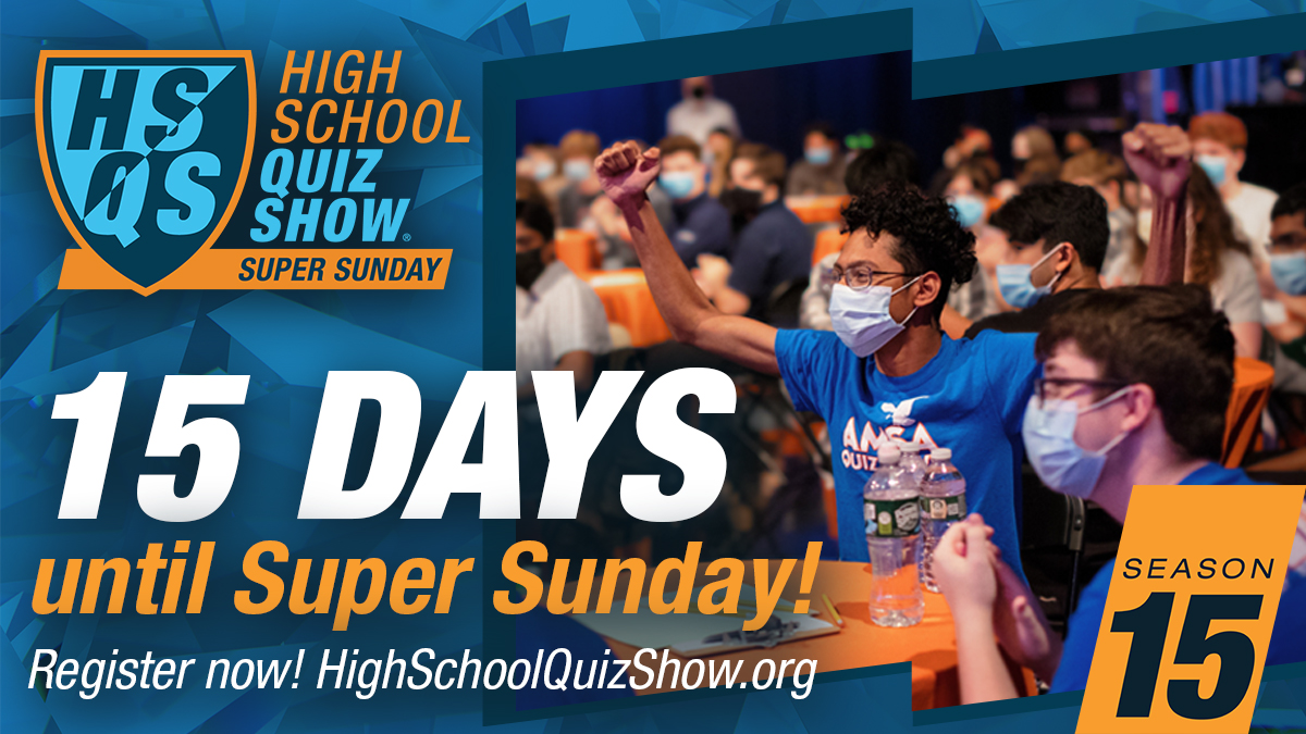 Only two weeks left until #HSQS15 Super Sunday!! Will you be a part of 15 seasons of legacy?! 🔥

Register by Nov. 1 at highschoolquizshow.org! ⏰ #GBHSuperSunday