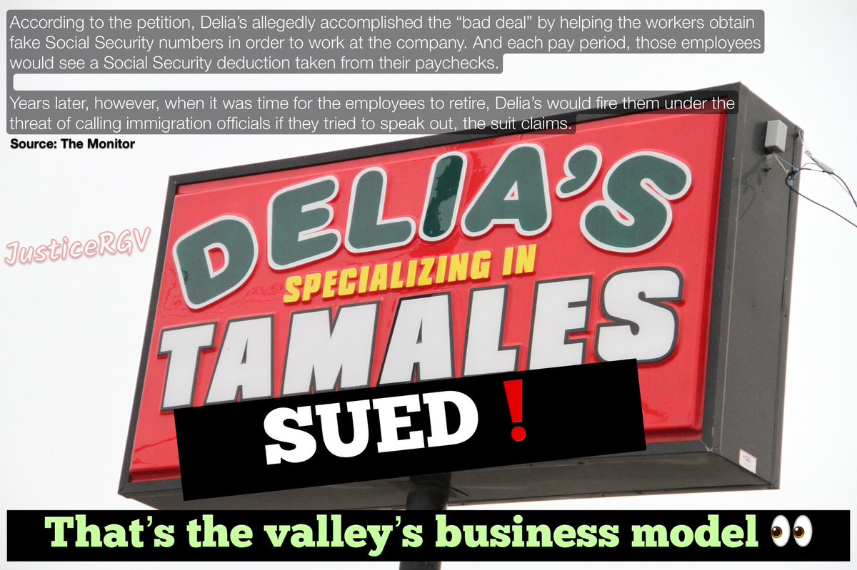 JusticeRgv's tweet photo. 🚨 DELIA’S TAMALES SUED❗️
They hired illegal immigrants using fake SSNs and kept the money they deducted.

It’s sad, but there’s no other way for undocumented immigrants to get jobs. 1/

#JusticeRGV #RioGrandeValley #WorkersRights https://t.co/iaaIDCMUDT