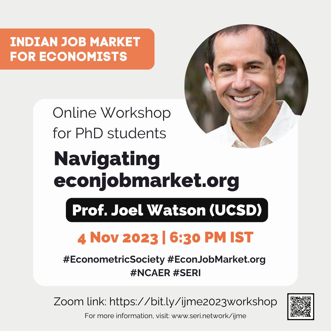 Online workshop for PhD students on navigating the Indian Job Market for Economists (IJME) Date and time: 4 Nov 2023 at 6:30 PM IST Link: bit.ly/ijme2023worksh… More info about IJME: seri.network/ijme/2023/