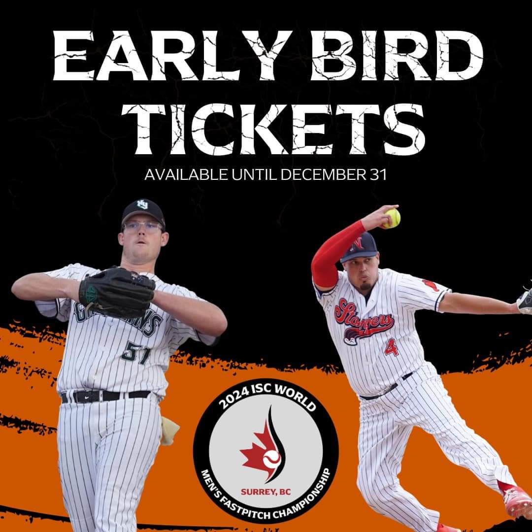 Get ready for #ISCWT2024 at Softball City in Surrey, BC. Be part of the action and secure your ticket with Early Bird Tournament Passes. 
🎟️ Adult: CAD$100 apx. US$75
🎟️ Senior/Teen: CAD$80 apx. US$60
🎟️ Under 12: Free!
 Until Dec 31, 2023  isc24.softballcity.bc.ca