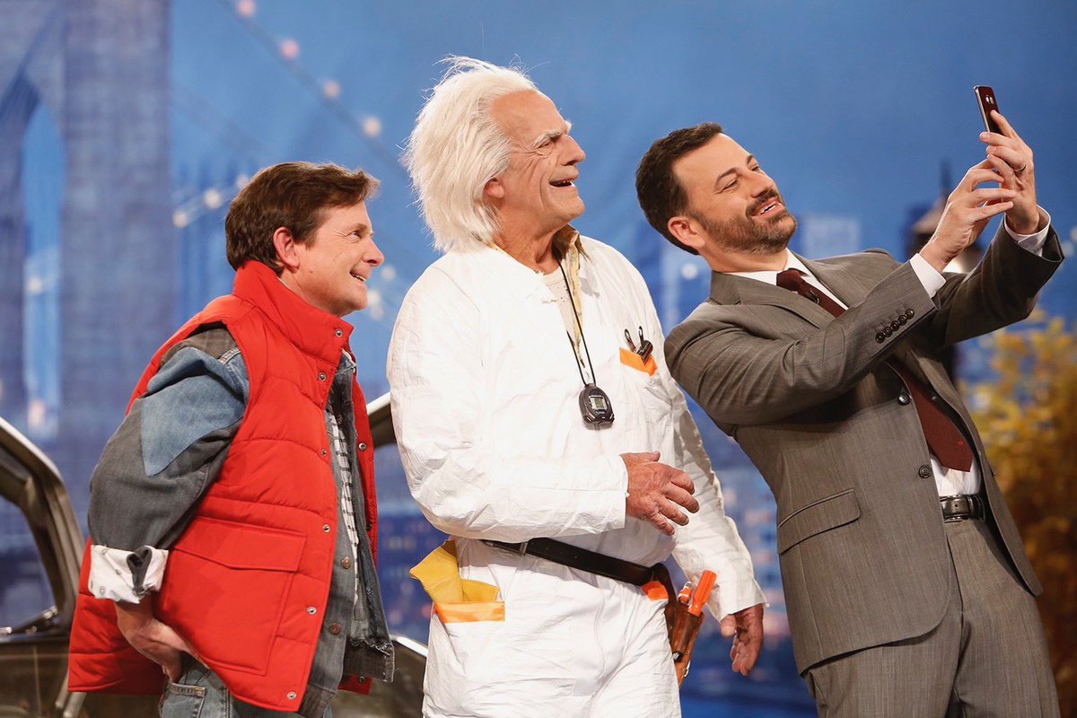 JimmyKimmelLive's tweet photo. Happy #BackToTheFutureDay!! 🕰❤️⚡️@RealMikeFox @DocBrownLloyd @HueyLewisNews https://t.co/7lhCRkW1wv