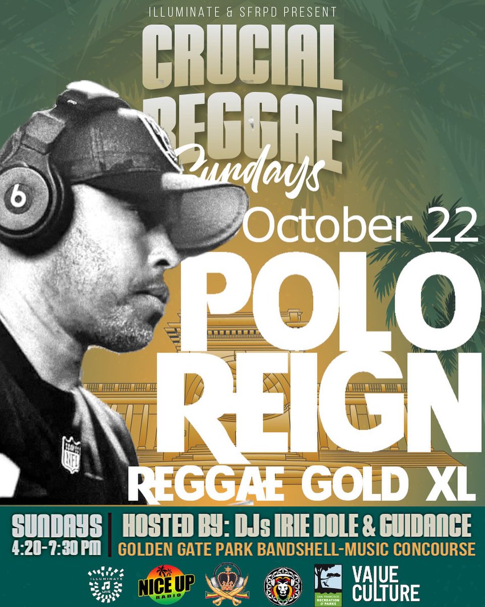 Crucial Reggae Sunday is happening tomorrow night, Sunday October 22 from 4:20-7:30pm. This week features: Irie Dole DJ Guid8nce & Special Guest @PoloReign Always free, always family friendly! See you out there🎶 #livemusic #SanFrancisco @RecParkSF