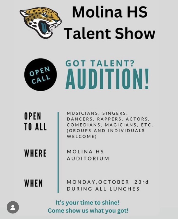 Do you have talent? Come audition Monday, October 23rd in the auditorium during lunch & show us what you got for Molinas Talent Show 🎟️📣! @TeamDallasISD @MRamirezDISD @SHussainDISD @JacobNunez27 @Coachbru3 @WeemsJessica @LCerda07 @molinatheatre @BrendaBarrera04 @RecruitMoJags