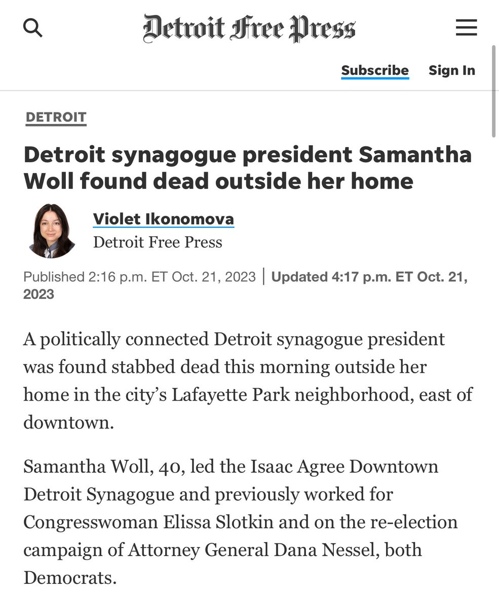 ianmiles's tweet photo. Samantha Woll, the president of a Detroit synagogue was just found stabbed to death. https://t.co/bi3vIh7Upe
