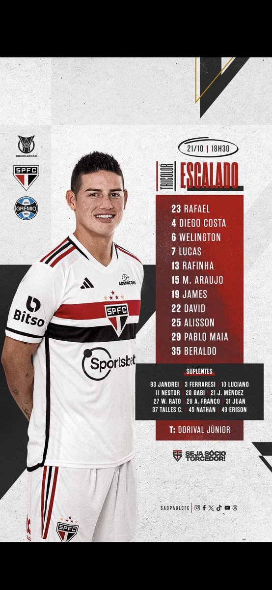 ArnaldoJRibeiro's tweet photo. São Paulo escalado. James, David , Araújo e Wellington são as novidades. Luciano, Rato e Nestor no banco . Esquema ‘seleção colombiana’ https://t.co/lgabwjMmdA