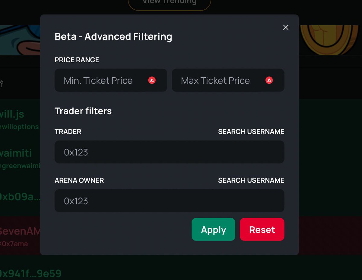 ArenaBook updates:

💸 TVL in USD/AVAX 
🎟️ Ticket trades can now be filtered on min - max price
👥 Basic referral statistics on user profile (soon more)

Premium Gated: 
🗣️ "Add volatility fee while buying tickets" 
🆕 View the trades of your holdings
(arenabook.xyz/holding-trades)