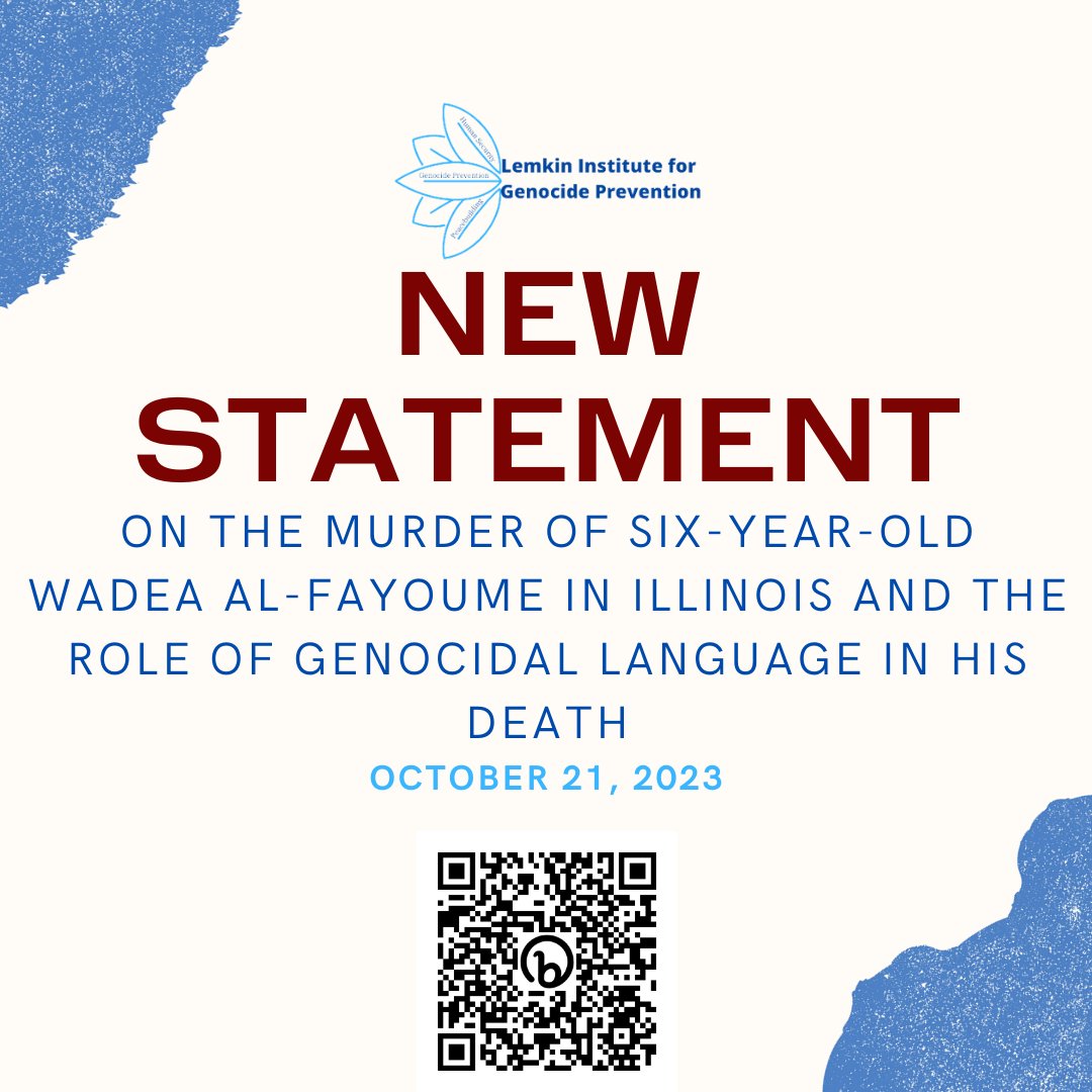 The <a href="/LemkinInstitute/">Lemkin Institute for Genocide Prevention</a> mourns the murder of 6-year-old Wadea Al-Fayoume and the grievous injury of his mother Hanaan Shahin in an act motivated by anti-Muslim hatred. It also condemns #US officials and the media for their reckless embrace of genocidal language against