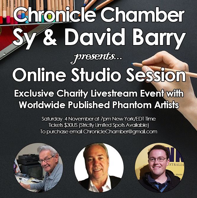 Chronicle_Tweet's tweet image. Have you signed up for the studio art session where you get to watch #SyBarry, #LouManna and #JeremyMacPherson draw and ask them questions? It is less than two weeks, email us at ChronicleChamber@gmail.com to reserve your ticket.
@jpmacpherson
@ComicsKingdom
#ThePhantom #Phantom