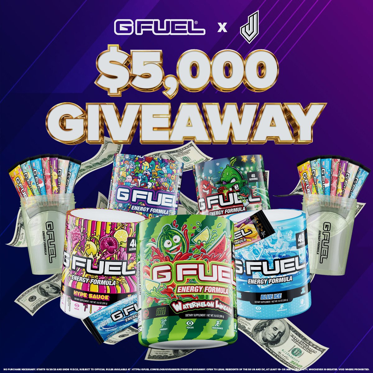 GFuelEnergy's tweet photo. 🚨 YOOO!!! To celebrate our shiny new partnership with @jynxzi, we're 𝐆𝐈𝐕𝐈𝐍𝐆 𝐀𝐖𝐀𝐘 $5,000 + A YEAR'S SUPPLY OF #GFUEL to 1 LUCKY PERSON! Click the link below, sign up and you're good to go!

💜 𝐑𝐓 for extra good luck!

🤑 𝐄𝐍𝐓𝐄𝐑: https://t.co/AyuGX20xjt https://t.co/ksOW7VwovU
