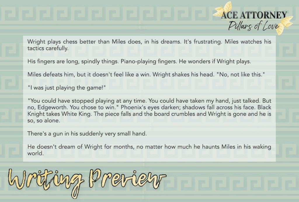 ⚖️New Ace Attorney fic: Absolution⚖️ A Miles-centric introspective look into his year abroad, and what brings him home. (light nrmts, 2.2k words) 

READ: archiveofourown.org/works/51011482

Written for <a href="/AAWriterZine/">Pillars of Love 🌿 Complete!</a> GO SNAP UP THEIR LEFTOVER SALE UNTIL 10/26 (LINK ⬇️)