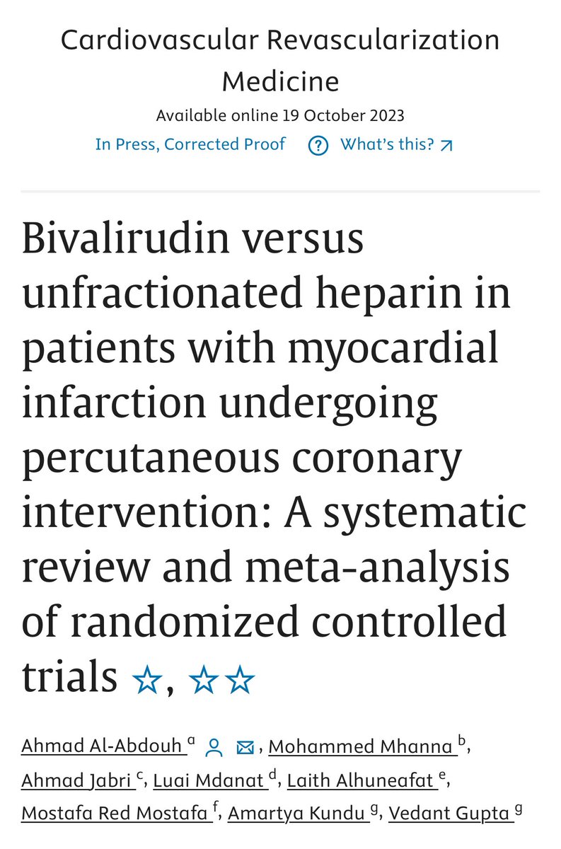 Ahmad Al-Abdouh, MD, MS (@al_abdouh) on Twitter photo Check out our recently published article at CRM journal comparing bivalirudin to UFH in patients with MI undergoing PCI.
<a href="/AmartyaKundu_MD/">Amartya Kundu</a> <a href="/AhmadJabri8/">Ahmad Jabri MD , FACC, FSCAI</a> <a href="/MohammedMhanna5/">Mohammed Mhanna, MD, MPH, MSc</a> <a href="/moustafareda3/">Mostafa Zaalouk</a> <a href="/LuaiMadanat/">Luai Madanat, MD</a> <a href="/LAlhuneafat/">Laith Alhuneafat</a> <a href="/GillKentucky/">UK_GillHeart</a> <a href="/UKHospitalists/">UK Hospitalists</a> Check out our recently published article at CRM journal comparing bivalirudin to UFH in patients with MI undergoing PCI.
<a href="/AmartyaKundu_MD/">Amartya Kundu</a> <a href="/AhmadJabri8/">Ahmad Jabri MD , FACC, FSCAI</a> <a href="/MohammedMhanna5/">Mohammed Mhanna, MD, MPH, MSc</a> <a href="/moustafareda3/">Mostafa Zaalouk</a> <a href="/LuaiMadanat/">Luai Madanat, MD</a> <a href="/LAlhuneafat/">Laith Alhuneafat</a> <a href="/GillKentucky/">UK_GillHeart</a> <a href="/UKHospitalists/">UK Hospitalists</a>